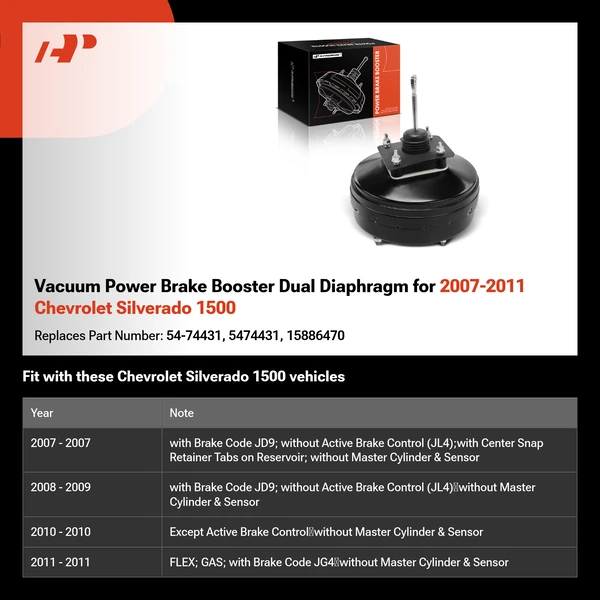 Vacuum Power Brake Booster Dual Diaphragm for 2007-2011 Chevrolet Silverado 1500