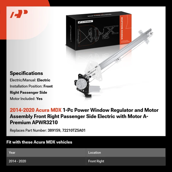 2014-2020 Acura MDX 1-Pc Power Window Regulator and Motor Assembly Front Right Passenger Side Electric with Motor A-Premium APWR3210