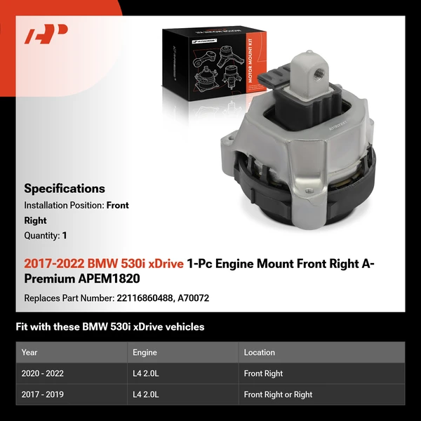 2017-2022 BMW 530i xDrive 1-Pc Engine Mount Front Right A-Premium APEM1820