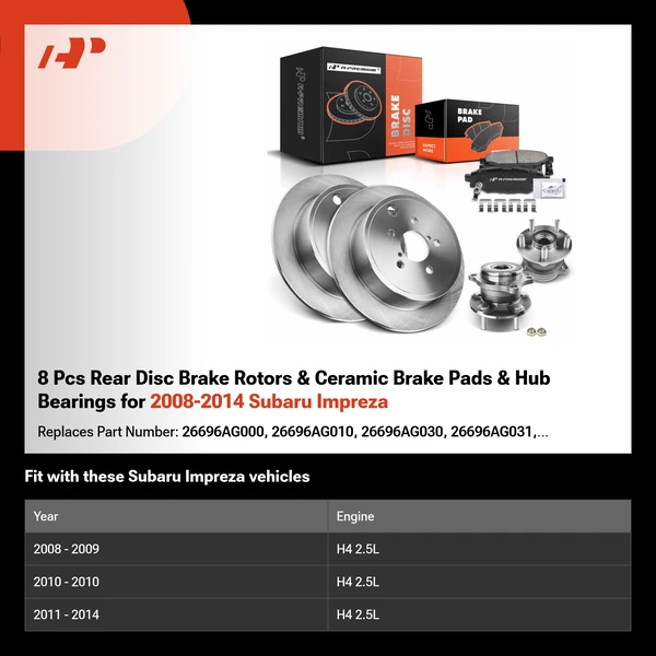 8 Pcs Rear Disc Brake Rotors & Ceramic Brake Pads & Hub Bearings for 2008-2014 Subaru Impreza