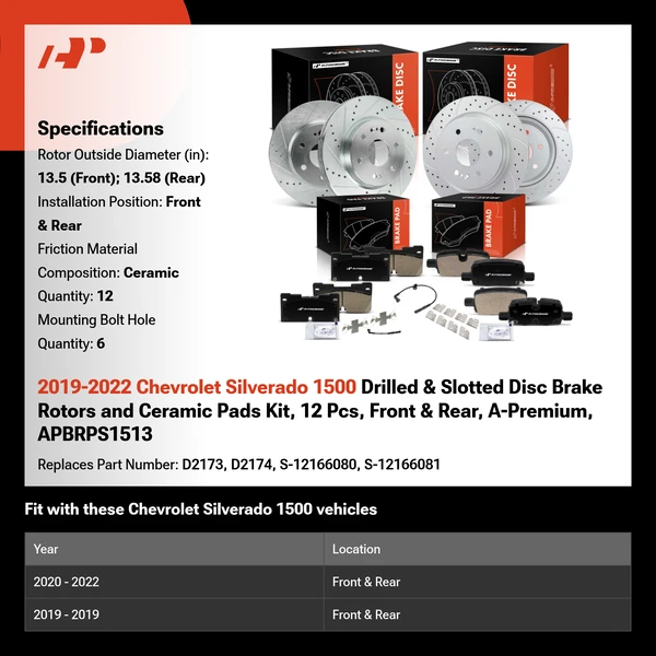 2019-2022 Chevrolet Silverado 1500 Drilled & Slotted Disc Brake Rotors and Ceramic Pads Kit, 12 Pcs, Front & Rear, A-Premium, APBRPS1513