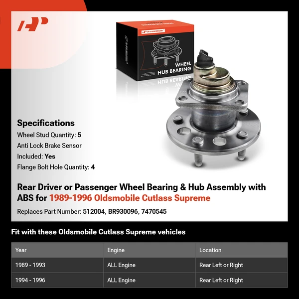 Rear Driver or Passenger Wheel Bearing & Hub Assembly with ABS for 1989-1996 Oldsmobile Cutlass Supreme