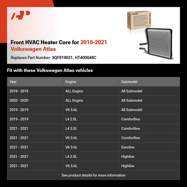 Front HVAC Heater Core for 2018-2021 Volkswagen Atlas