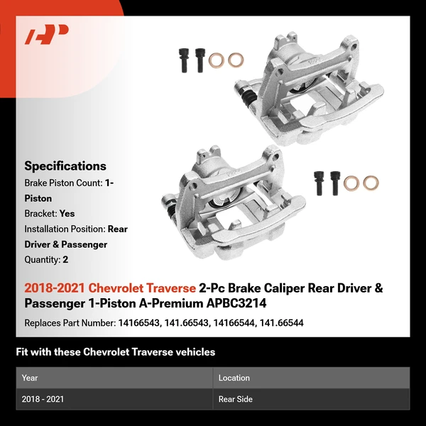 2018-2021 Chevrolet Traverse 2-Pc Brake Caliper Rear Driver & Passenger 1-Piston A-Premium APBC3214