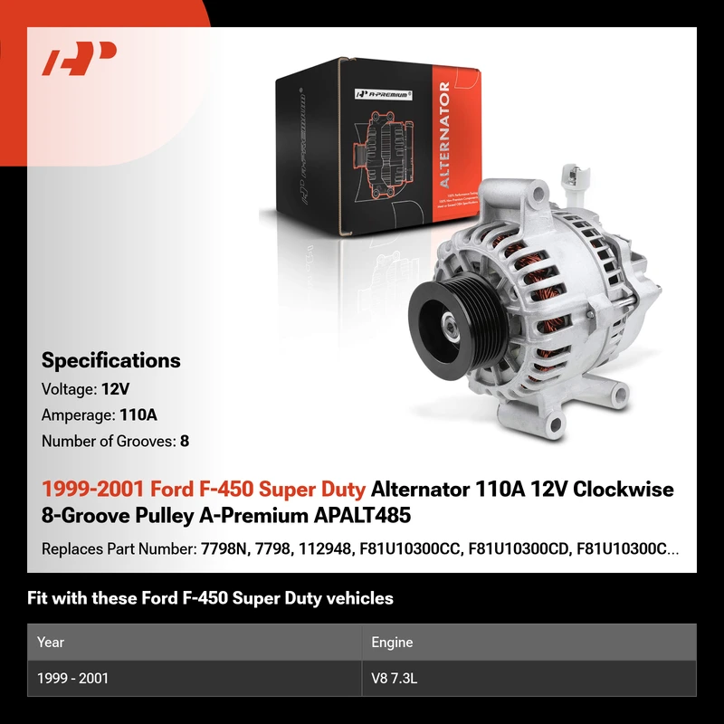 1999-2001 Ford F-450 Super Duty Alternator 110A 12V Clockwise 8-Groove Pulley A-Premium APALT485
