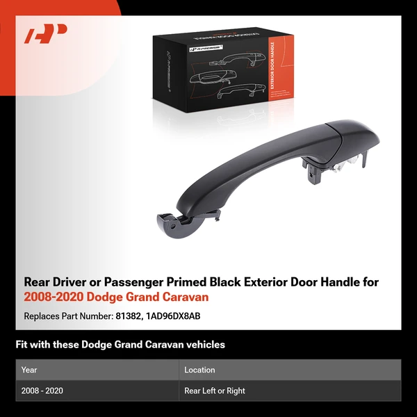 Rear Driver or Passenger Primed Black Exterior Door Handle for 2008-2020 Dodge Grand Caravan