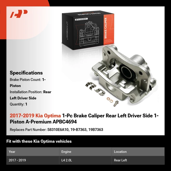 2017-2019 Kia Optima 1-Pc Brake Caliper Rear Left Driver Side 1-Piston A-Premium APBC4694