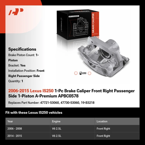 2006-2015 Lexus IS250 1-Pc Brake Caliper Front Right Passenger Side 1-Piston A-Premium APBC0578