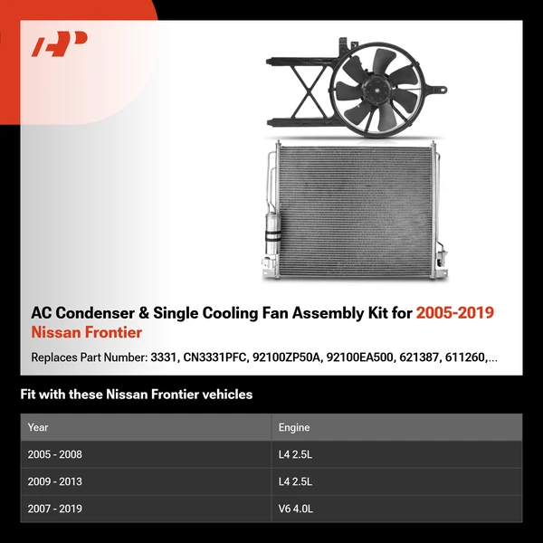 AC Condenser & Single Cooling Fan Assembly Kit for 2005-2019 Nissan Frontier