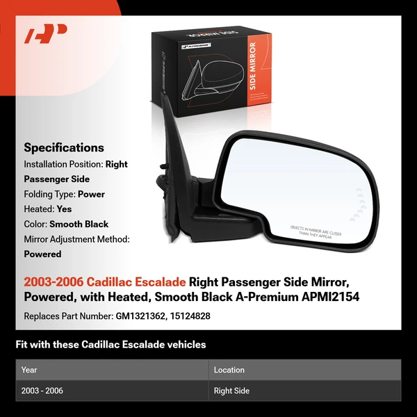 2003-2006 Cadillac Escalade Right Passenger Side Mirror, Powered, with Heated, Smooth Black A-Premium APMI2154