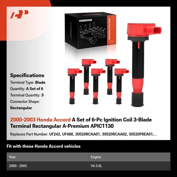 2000-2003 Honda Accord A Set of 6-Pc Ignition Coil 3-Blade Terminal Rectangular A-Premium APIC1130