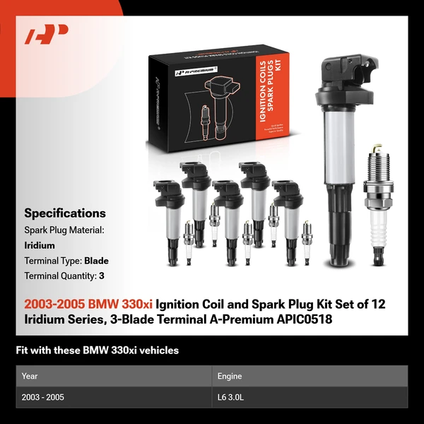 2003-2005 BMW 330xi Ignition Coil and Spark Plug Kit Set of 12 Iridium Series, 3-Blade Terminal A-Premium APIC0518