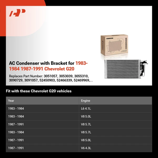 AC Condenser with Bracket for 1983-1984 1987-1991 Chevrolet G20