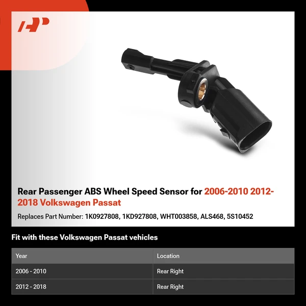 Rear Passenger ABS Wheel Speed Sensor for 2006-2010 2012-2018 Volkswagen Passat