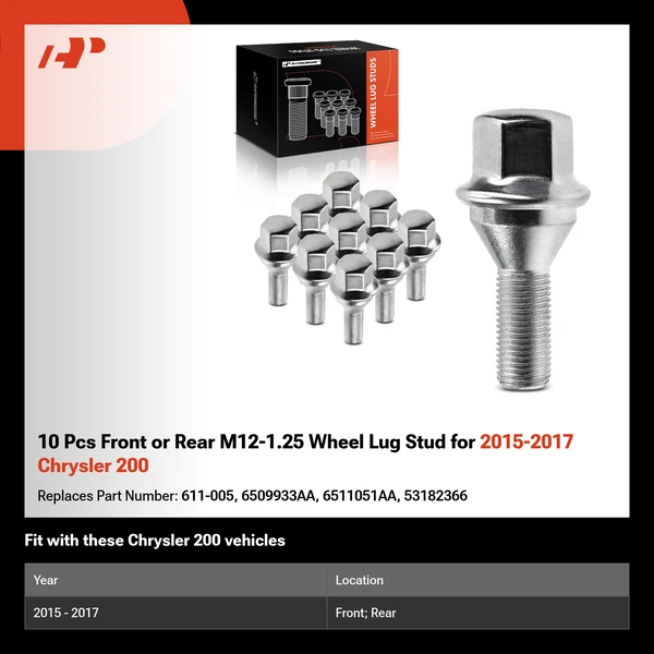10 Pcs Front or Rear M12-1.25 Wheel Lug Stud for 2015-2017 Chrysler 200