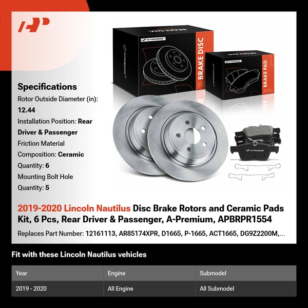 2019-2020 Lincoln Nautilus Disc Brake Rotors and Ceramic Pads Kit, 6 Pcs, Rear Driver & Passenger, A-Premium, APBRPR1554