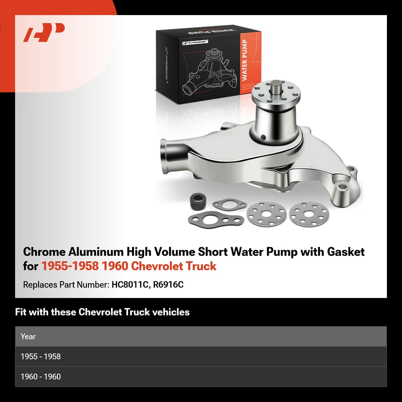 Chrome Aluminum High Volume Short Water Pump with Gasket for 1955-1958 1960 Chevrolet Truck