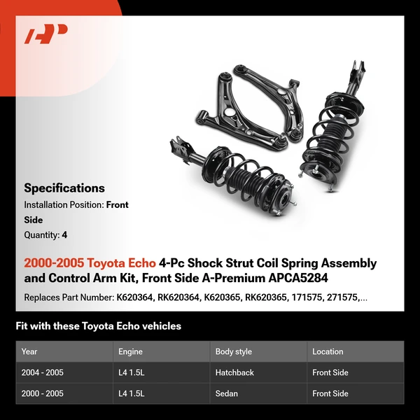 2000-2005 Toyota Echo 4-Pc Shock Strut Coil Spring Assembly and Control Arm Kit, Front Side A-Premium APCA5284