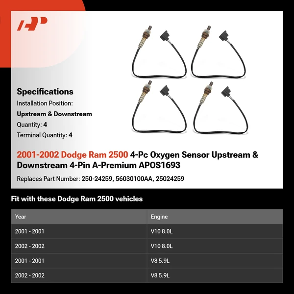 2001-2002 Dodge Ram 2500 4-Pc Oxygen Sensor Upstream & Downstream 4-Pin A-Premium APOS1693