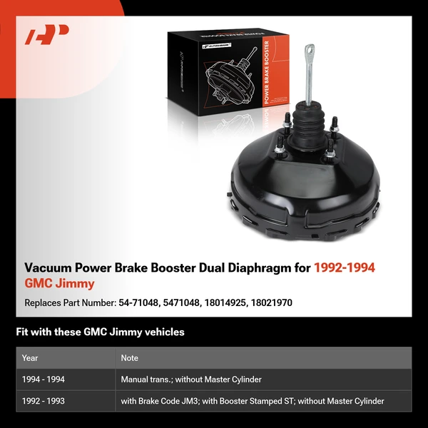 Vacuum Power Brake Booster Dual Diaphragm for 1992-1994 GMC Jimmy