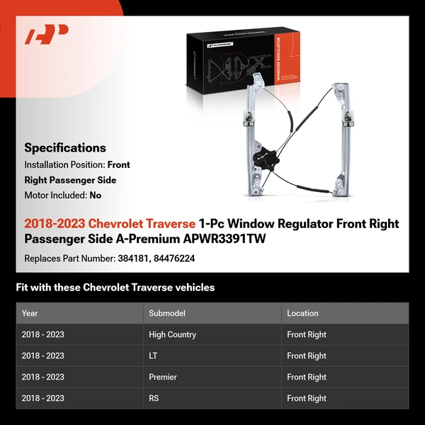 2018-2023 Chevrolet Traverse 1-Pc Window Regulator Front Right Passenger Side A-Premium APWR3391TW