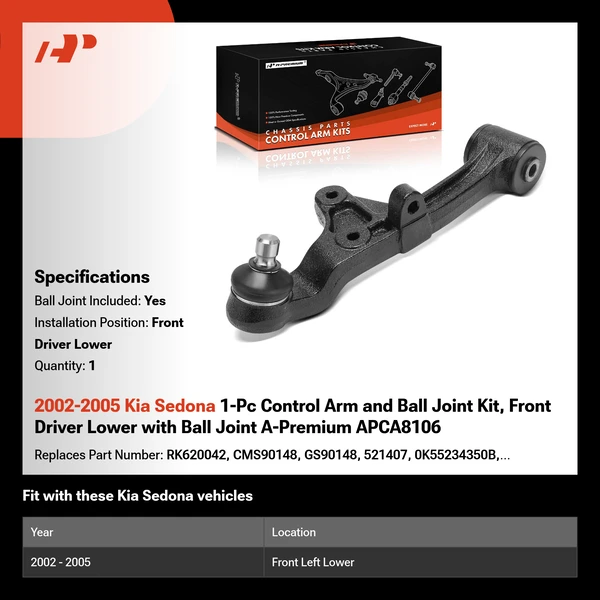 2002-2005 Kia Sedona 1-Pc Control Arm and Ball Joint Kit, Front Driver Lower with Ball Joint A-Premium APCA8106