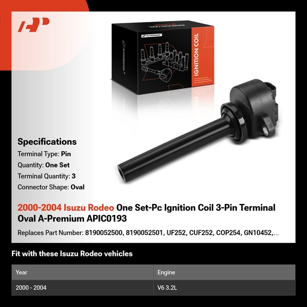 2000-2004 Isuzu Rodeo One Set-Pc Ignition Coil 3-Pin Terminal Oval A-Premium APIC0193