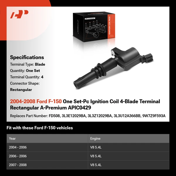 2004-2008 Ford F-150 One Set-Pc Ignition Coil 4-Blade Terminal Rectangular A-Premium APIC0429