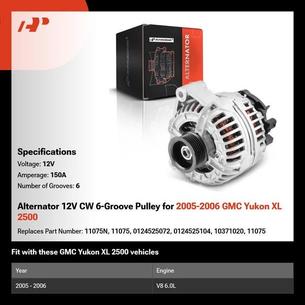 Alternator 12V CW 6-Groove Pulley for 2005-2006 GMC Yukon XL 2500