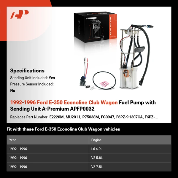 1992-1996 Ford E-350 Econoline Club Wagon Fuel Pump with Sending Unit A-Premium APFP0032