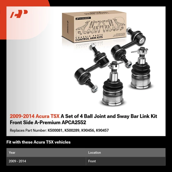2009-2014 Acura TSX A Set of 4 Ball Joint and Sway Bar Link Kit Front Side A-Premium APCA2552