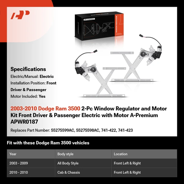 2003-2010 Dodge Ram 3500 2-Pc Window Regulator and Motor Kit Front Driver & Passenger Electric with Motor A-Premium APWR0187