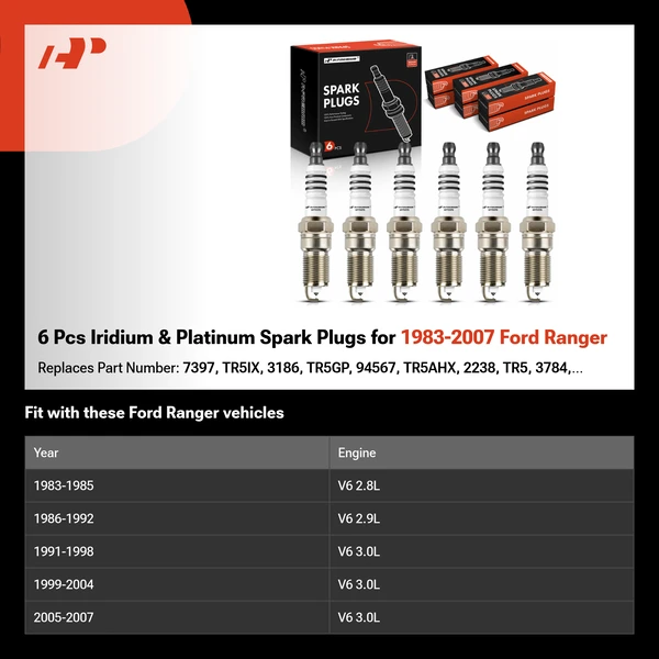 6 Pcs Iridium & Platinum Spark Plugs for 1983-2007 Ford Ranger