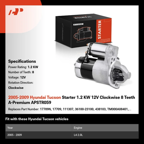 2005-2009 Hyundai Tucson Starter 1.2 KW 12V Clockwise 8 Teeth A-Premium APSTR059