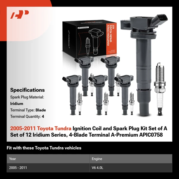 2005-2011 Toyota Tundra Ignition Coil and Spark Plug Kit Set of A Set of 12 Iridium Series, 4-Blade Terminal A-Premium APIC0758
