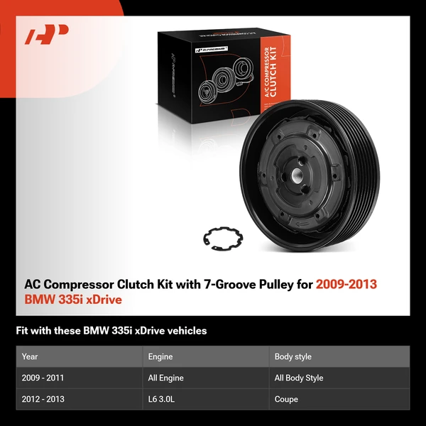 AC Compressor Clutch Kit with 7-Groove Pulley for 2009-2013 BMW 335i xDrive