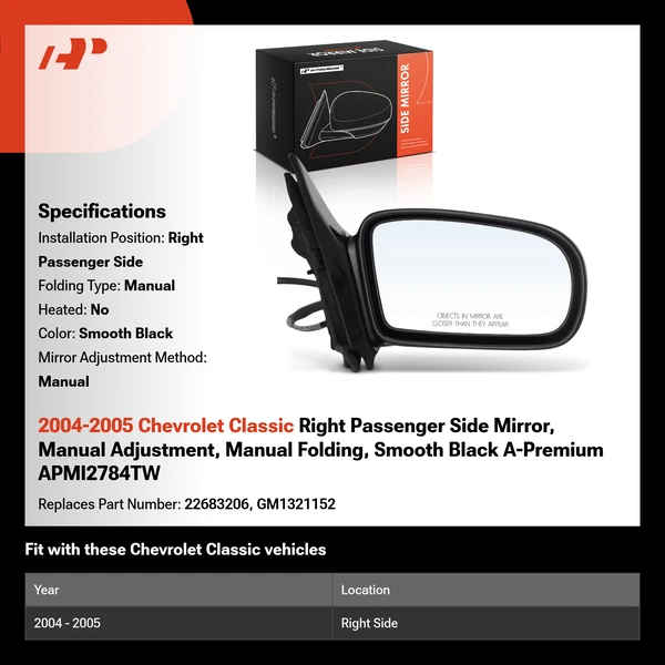 2004-2005 Chevrolet Classic Right Passenger Side Mirror, Manual Adjustment, Manual Folding, Smooth Black A-Premium APMI2784TW