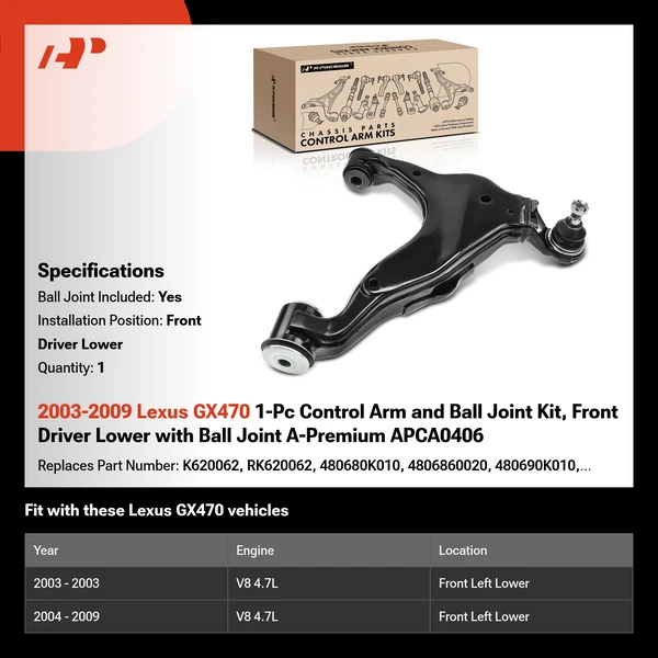 2003-2009 Lexus GX470 1-Pc Control Arm and Ball Joint Kit, Front Driver Lower with Ball Joint A-Premium APCA0406