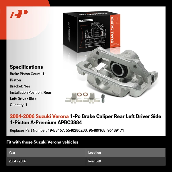 2004-2006 Suzuki Verona 1-Pc Brake Caliper Rear Left Driver Side 1-Piston A-Premium APBC3884