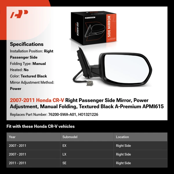 2007-2011 Honda CR-V Right Passenger Side Mirror, Power Adjustment, Manual Folding, Textured Black A-Premium APMI615