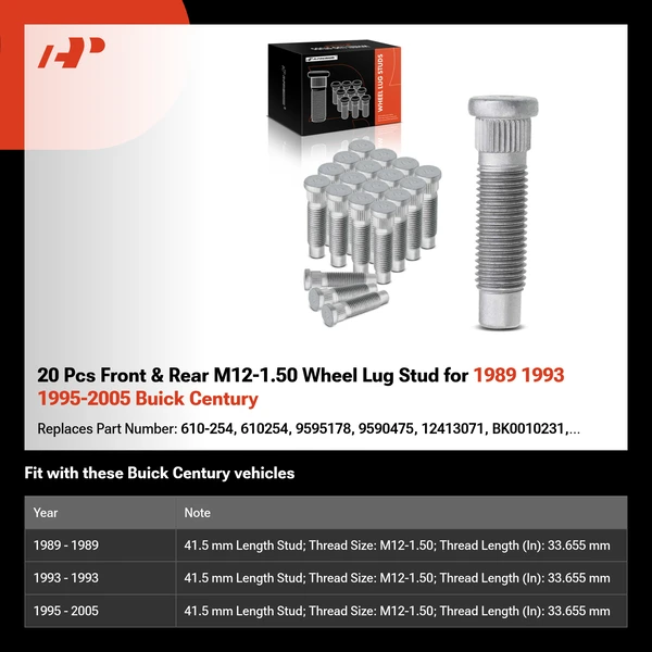 20 Pcs Front & Rear M12-1.50 Wheel Lug Stud for 1989 1993 1995-2005 Buick Century