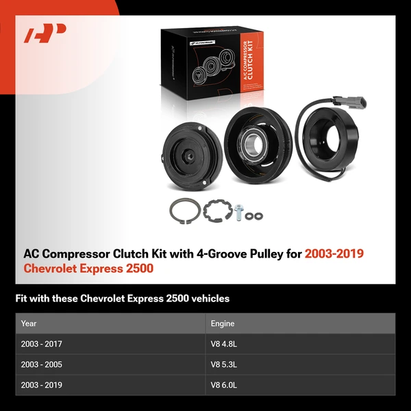 AC Compressor Clutch Kit with 4-Groove Pulley for 2003-2019 Chevrolet Express 2500