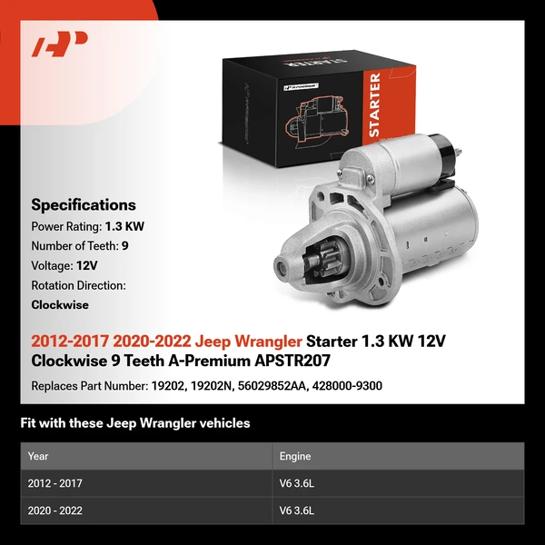 2012-2017 2020-2022 Jeep Wrangler Starter 1.3 KW 12V Clockwise 9 Teeth A-Premium APSTR207