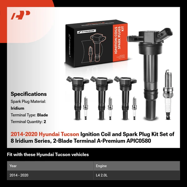 2014-2020 Hyundai Tucson Ignition Coil and Spark Plug Kit Set of 8 Iridium Series, 2-Blade Terminal A-Premium APIC0580