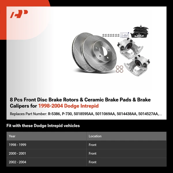 8 Pcs Front Disc Brake Rotors & Ceramic Brake Pads & Brake Calipers for 1998-2004 Dodge Intrepid