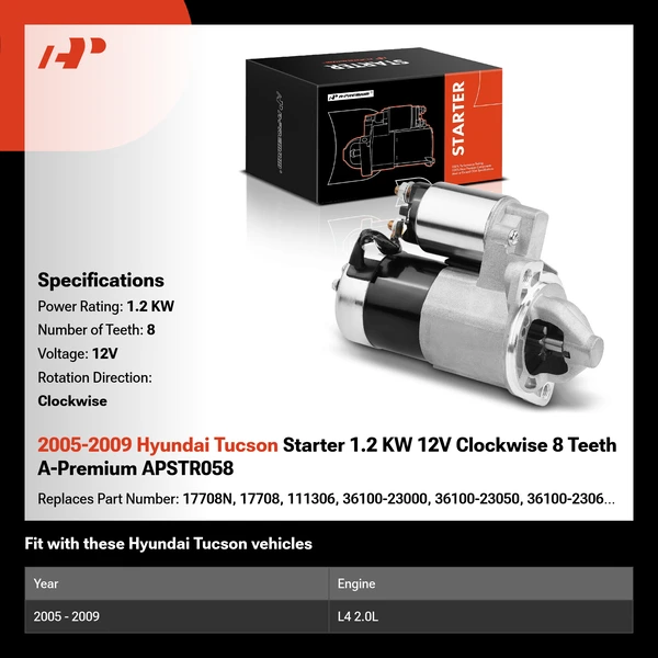 2005-2009 Hyundai Tucson Starter 1.2 KW 12V Clockwise 8 Teeth A-Premium APSTR058