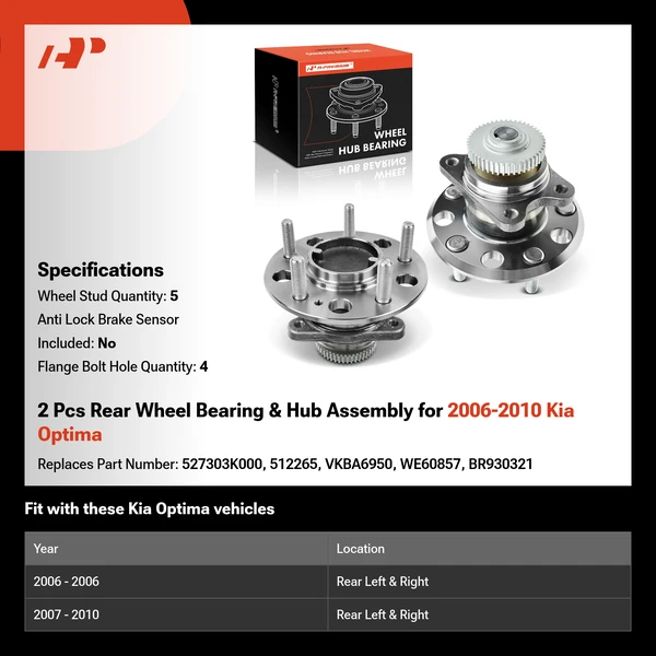 2 Pcs Rear Wheel Bearing & Hub Assembly for 2006-2010 Kia Optima