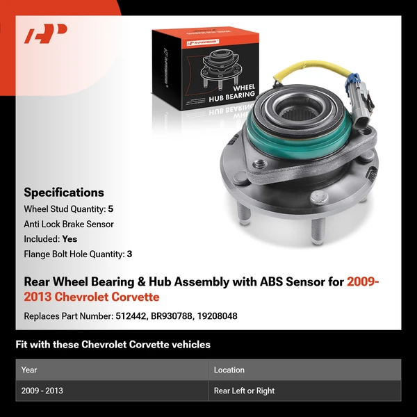 Rear Wheel Bearing & Hub Assembly with ABS Sensor for 2009-2013 Chevrolet Corvette
