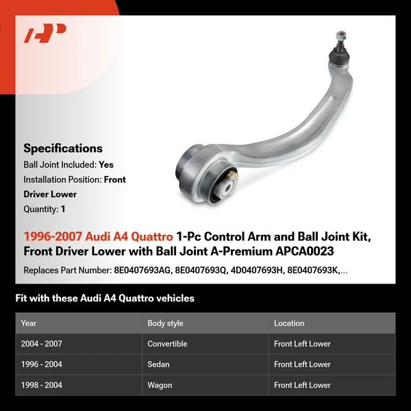 1996-2007 Audi A4 Quattro 1-Pc Control Arm and Ball Joint Kit, Front Driver Lower with Ball Joint A-Premium APCA0023