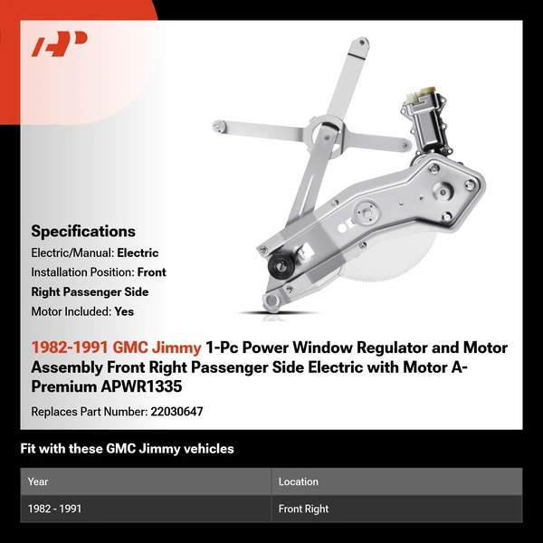 1982-1991 GMC Jimmy 1-Pc Power Window Regulator and Motor Assembly Front Right Passenger Side Electric with Motor A-Premium APWR1335